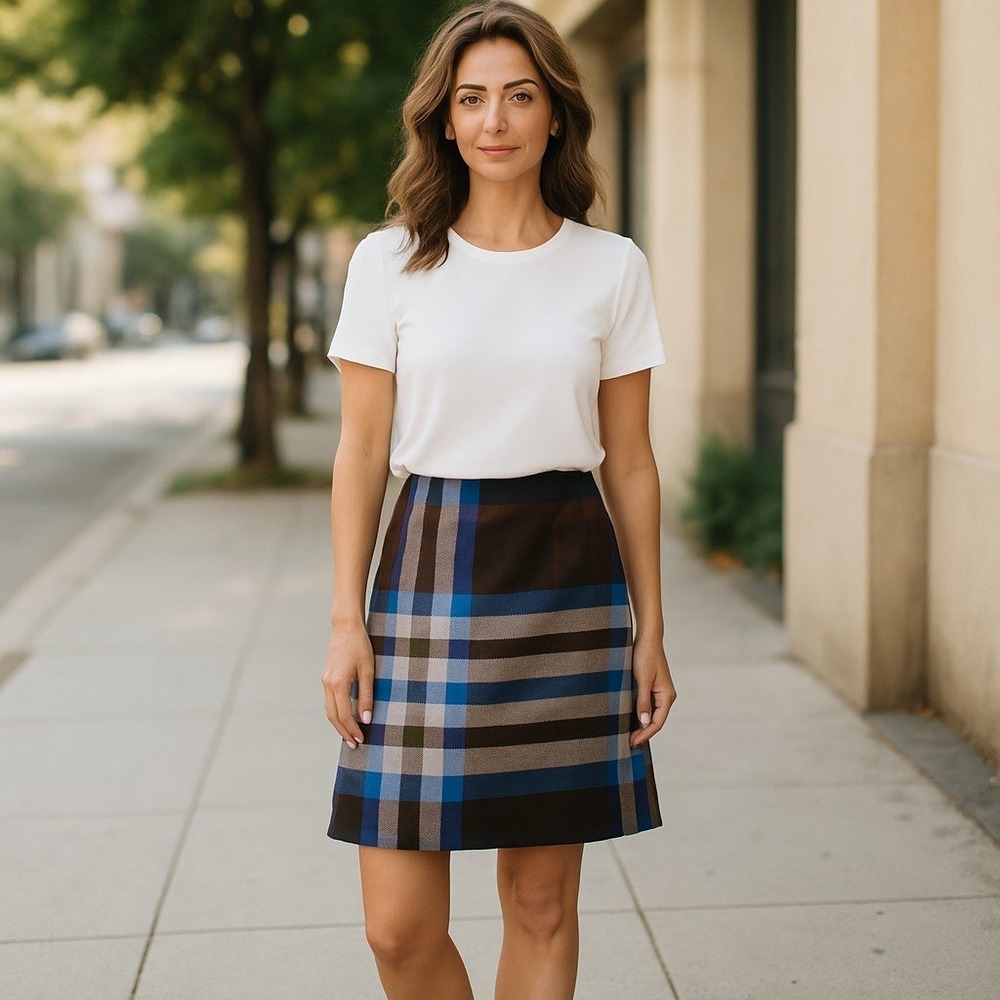 Talbots Straight Skirt Women's Size 4P- Black/Blue Plaid Stripe Wool Blend Lined